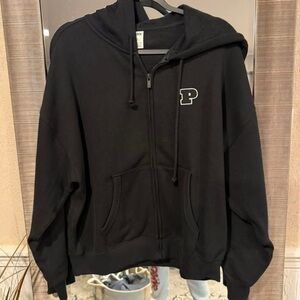 Pink Victoria Secret M Black Zip-Up Hoodie with Pink Logo